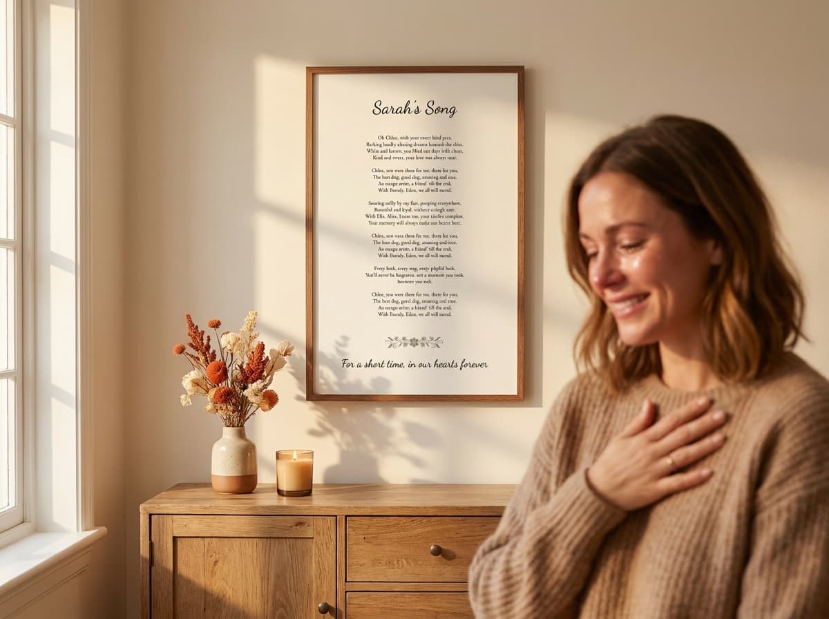 A woman moved to happy tears beside her framed song-lyrics print hanging above an oak sideboard in warm morning light
