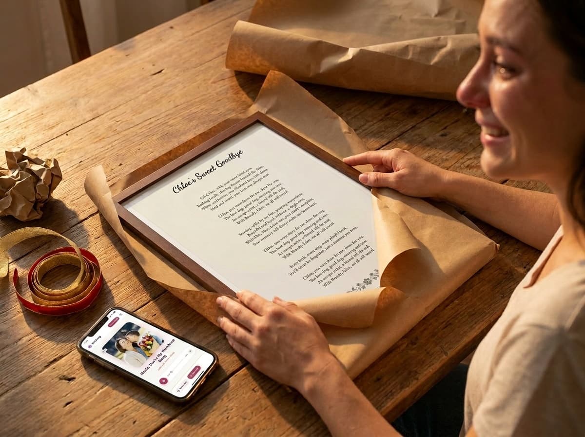 A woman unwrapping a framed song-lyrics print from kraft paper, with her song playing on the phone beside it