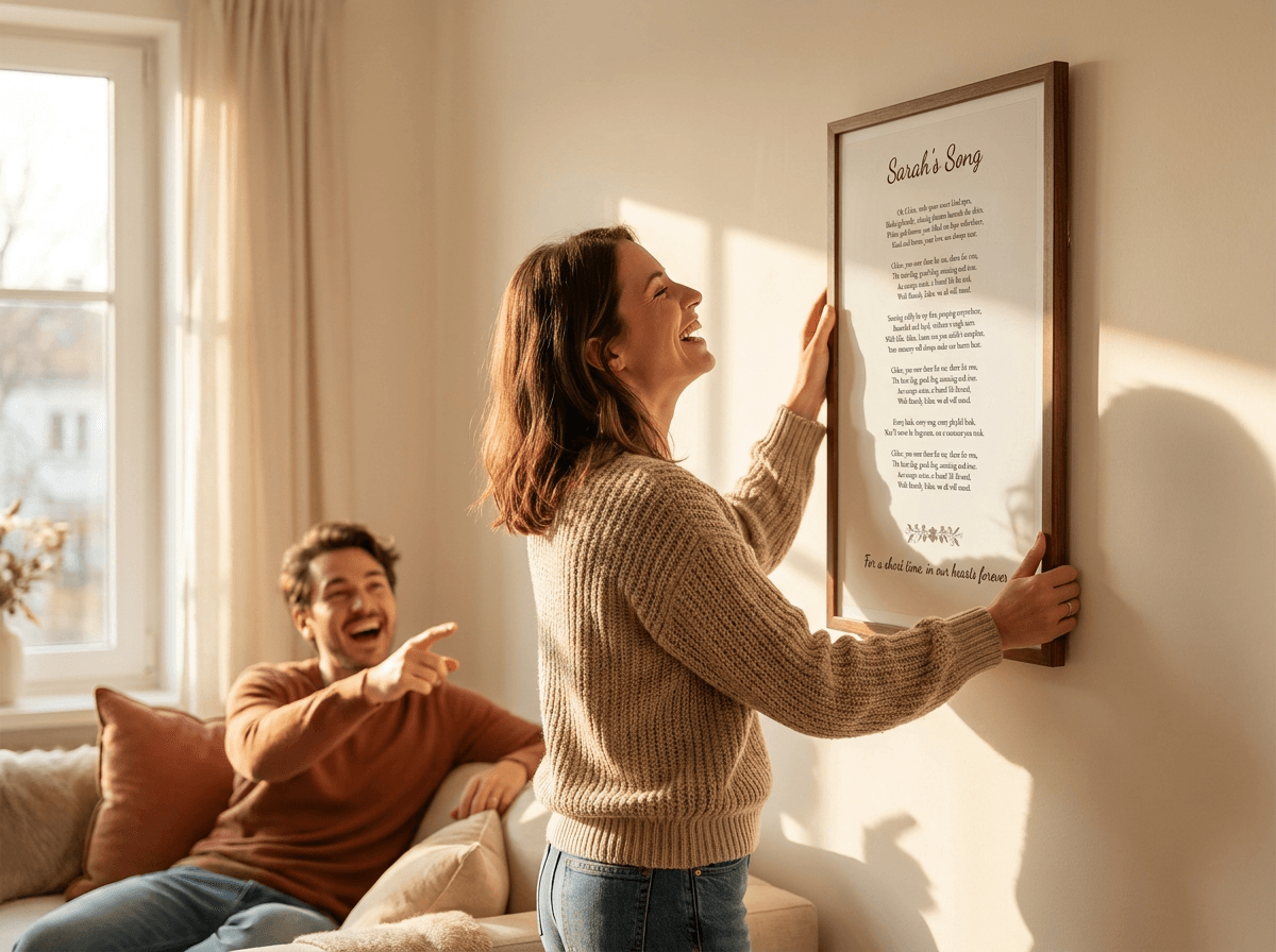 A woman holding her freshly unwrapped framed song-lyrics print, smiling with tears in her eyes